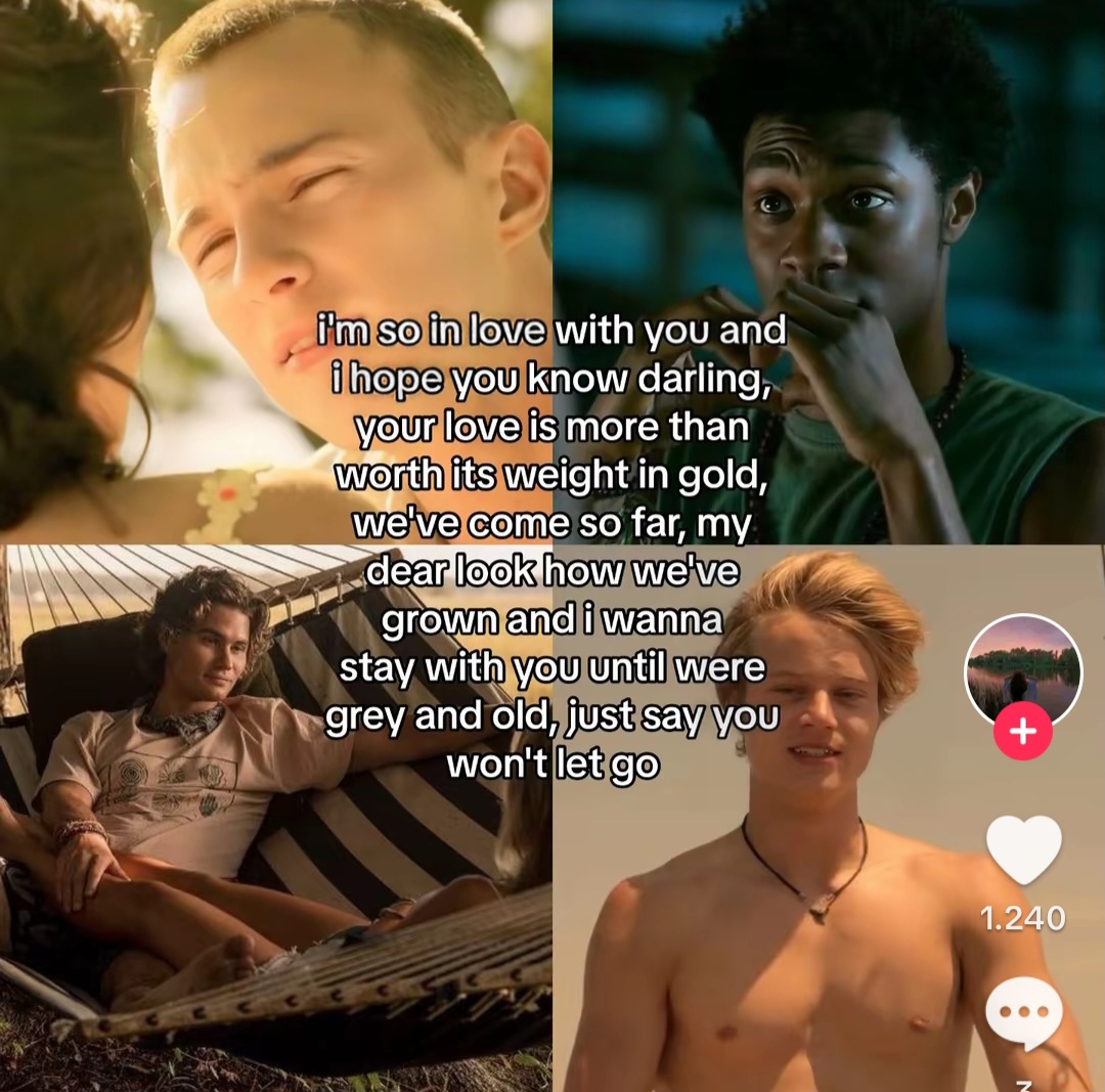 Four-panel collage of young people from a drama scene with overlaid romantic text