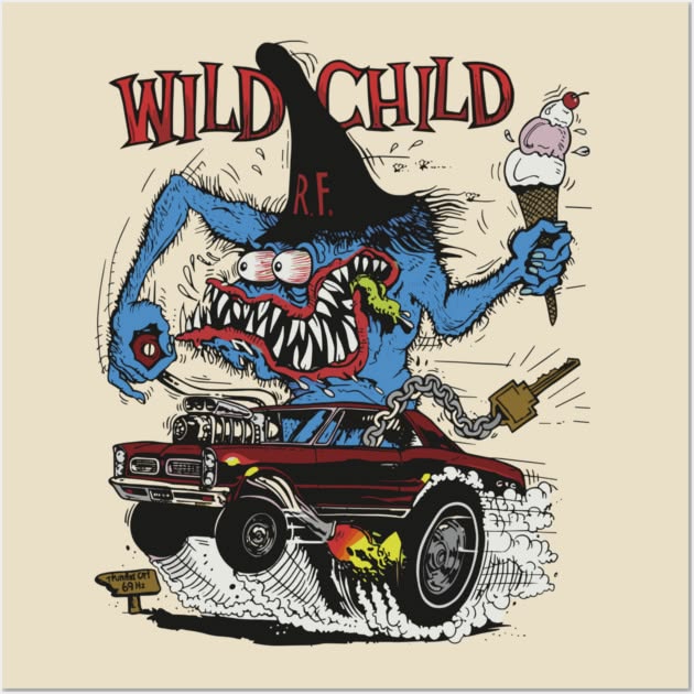 Blue cartoon monster with wild hair and sharp teeth driving a vintage hot rod truck while holding an ice cream cone