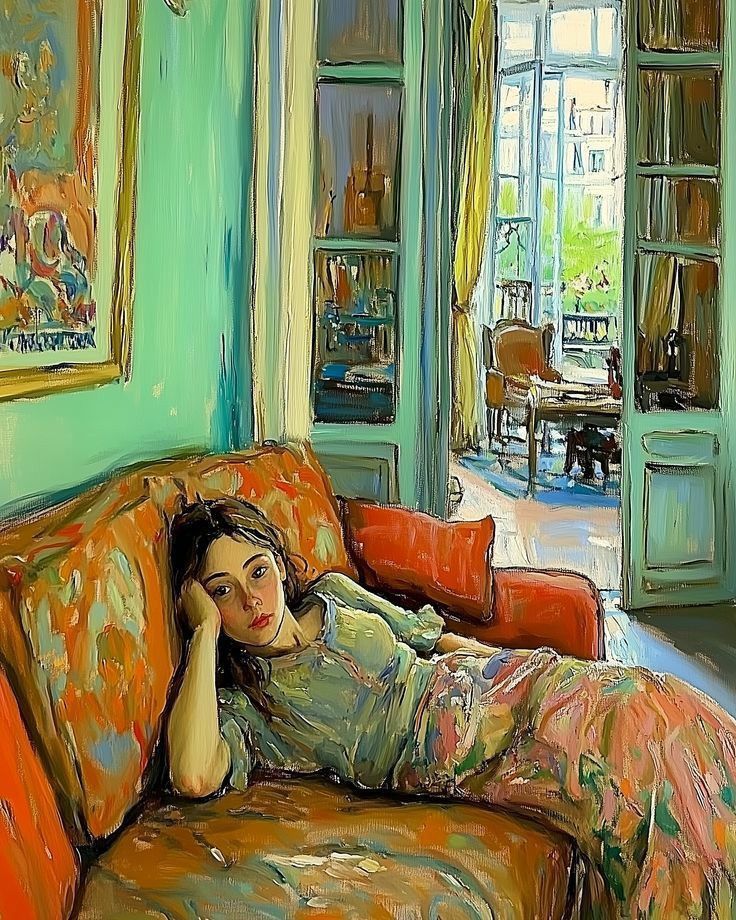 Woman in green dress reclining on orange sofa in turquoise room with open balcony doors