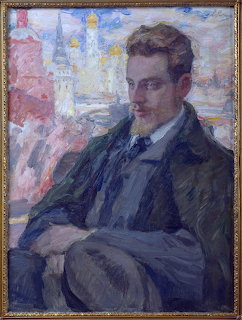 Impressionist oil painting portrait of a young man in dark suit with city spires in background