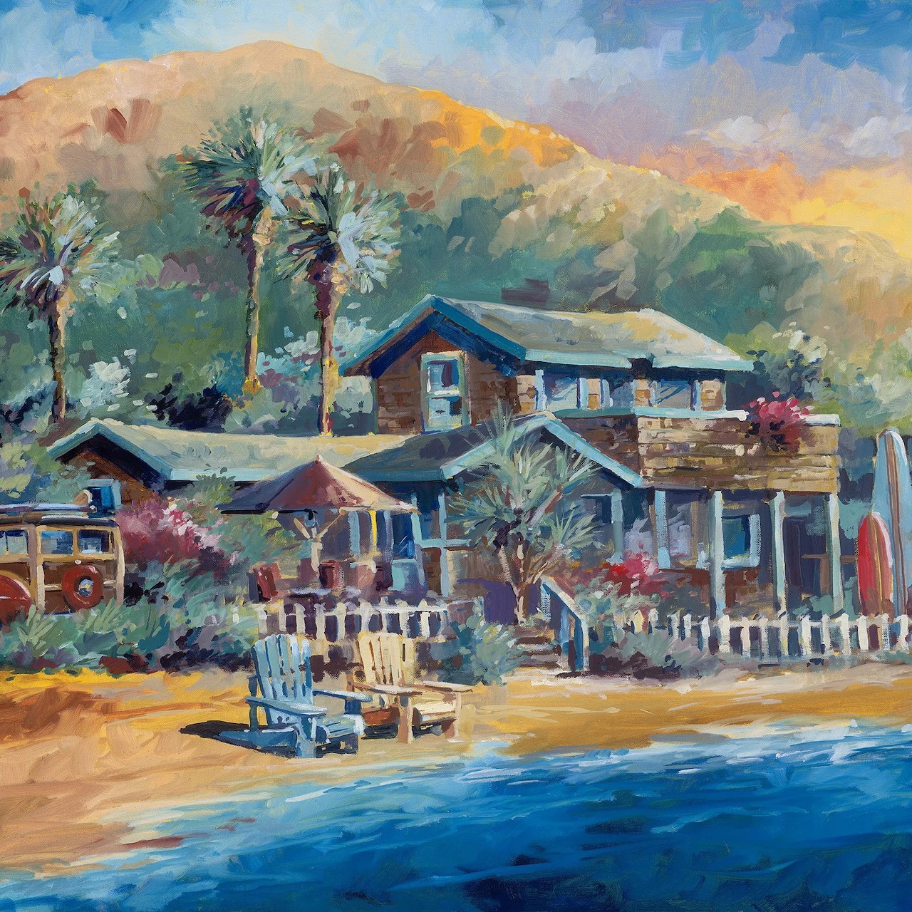 Oil painting of beach houses with palm trees and white fence along sandy shore