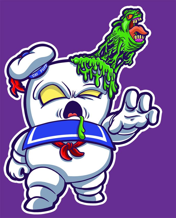 Cartoon Stay Puft Marshmallow Man with Slimer on his head on a purple background