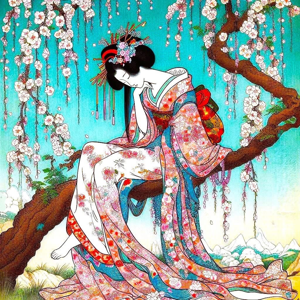 Illustrated woman in a floral kimono sitting on a tree branch under hanging blossoms