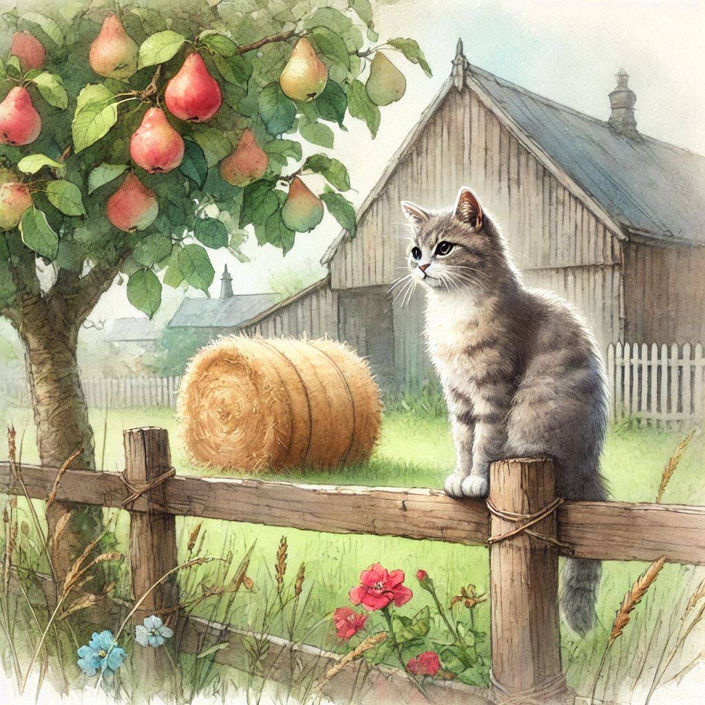 Gray and white cat perched on wooden fence rail in pastoral farm setting with apple tree and barn