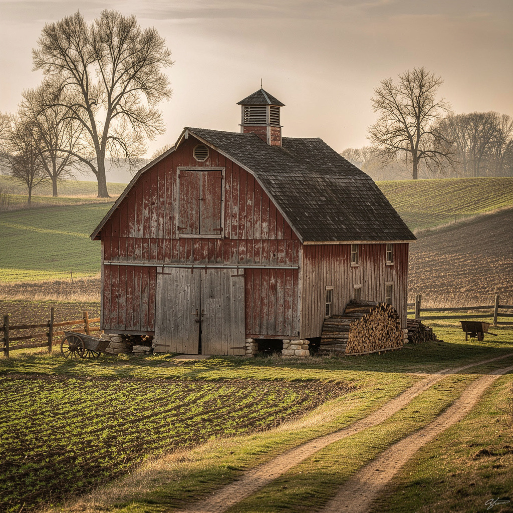 Old red barn with cupola in misty countryside with bare trees and plowed fields