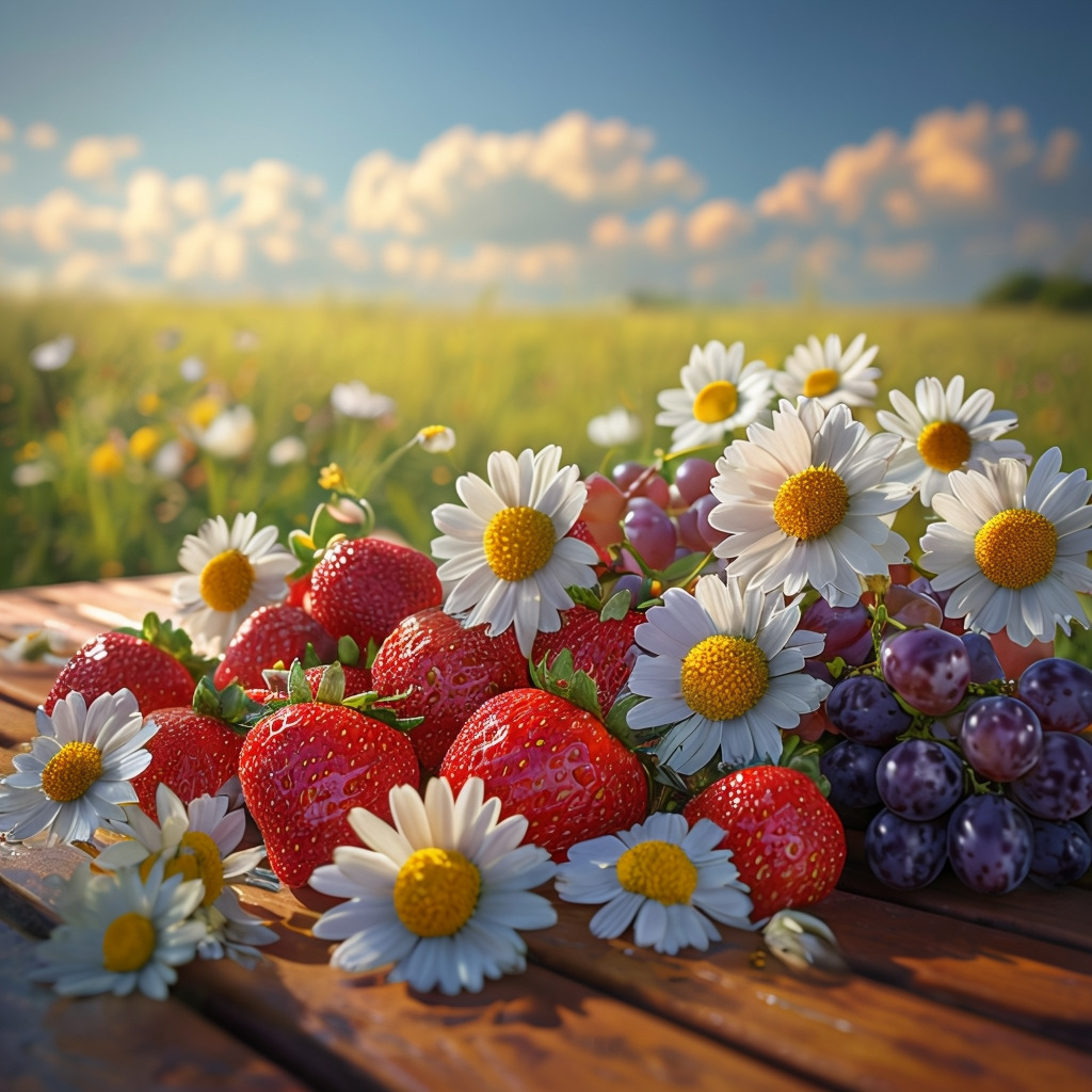 Strawberries, grapes, and white daisies on a wooden table in a sunny field