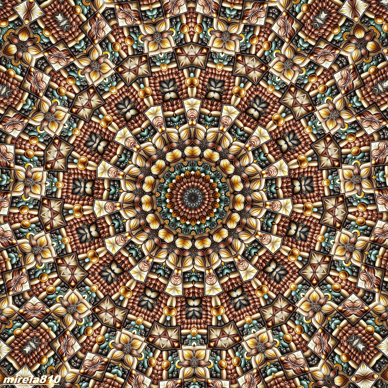 Intricate symmetrical mandala with brown, beige and gold geometric patterns radiating from center in concentric circles