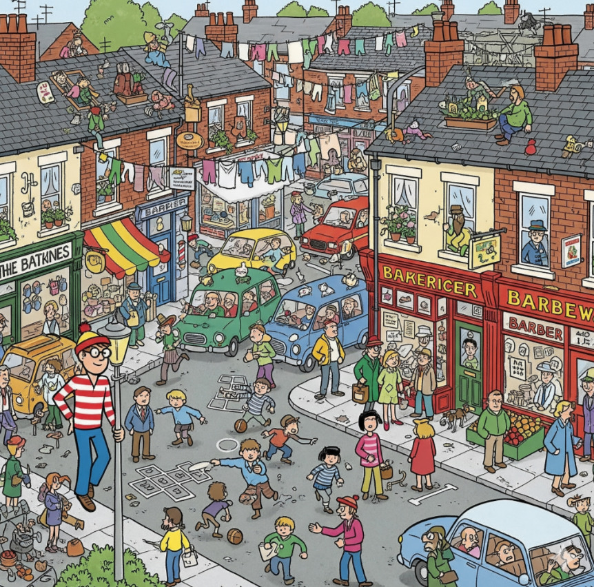 Busy cartoon street scene with many people, shops, cars and hidden characters to find