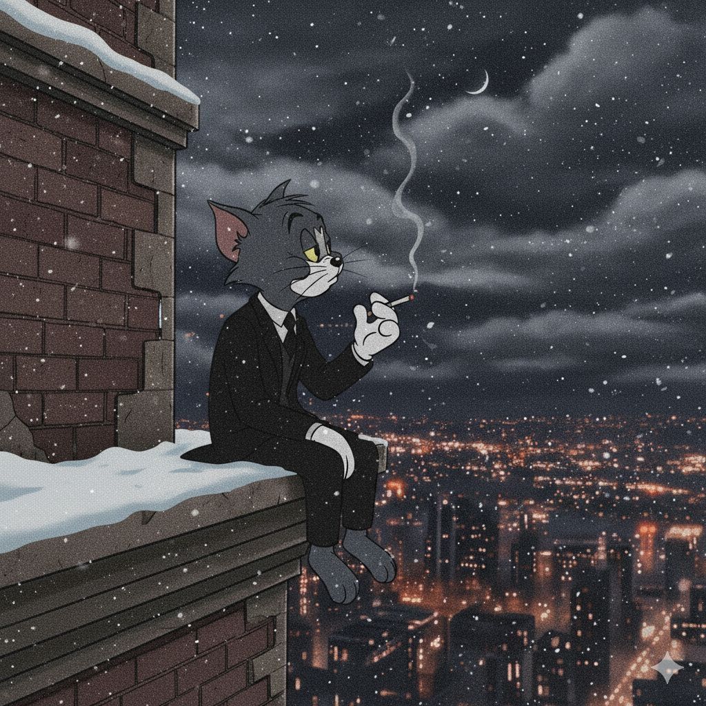 Tom the cartoon cat sitting on a snowy rooftop above a city at night in falling snow