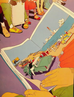 Colorful illustration of hands holding an open book showing a city street scene with cars and buildings