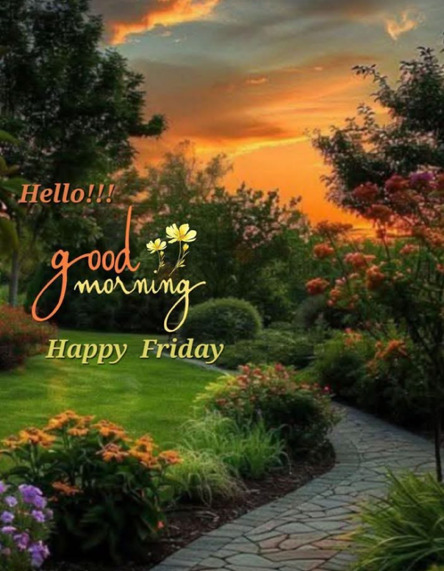 Curved stone path through a colorful flower garden at sunrise with greeting text overlay