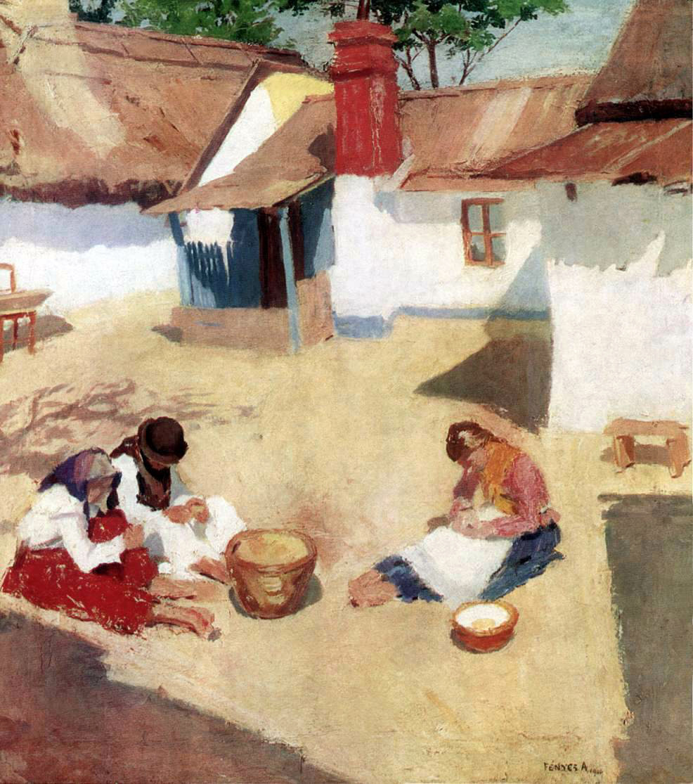 Adolf Fényes painting of women shelling beans indoors