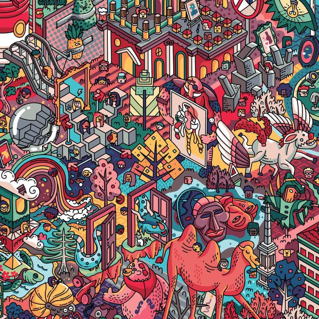 Busy isometric illustration with colorful buildings, vehicles, and characters in red, teal, and yellow