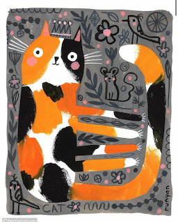 Stylized illustration of orange and calico cat with decorative folk art pattern background featuring mice and birds