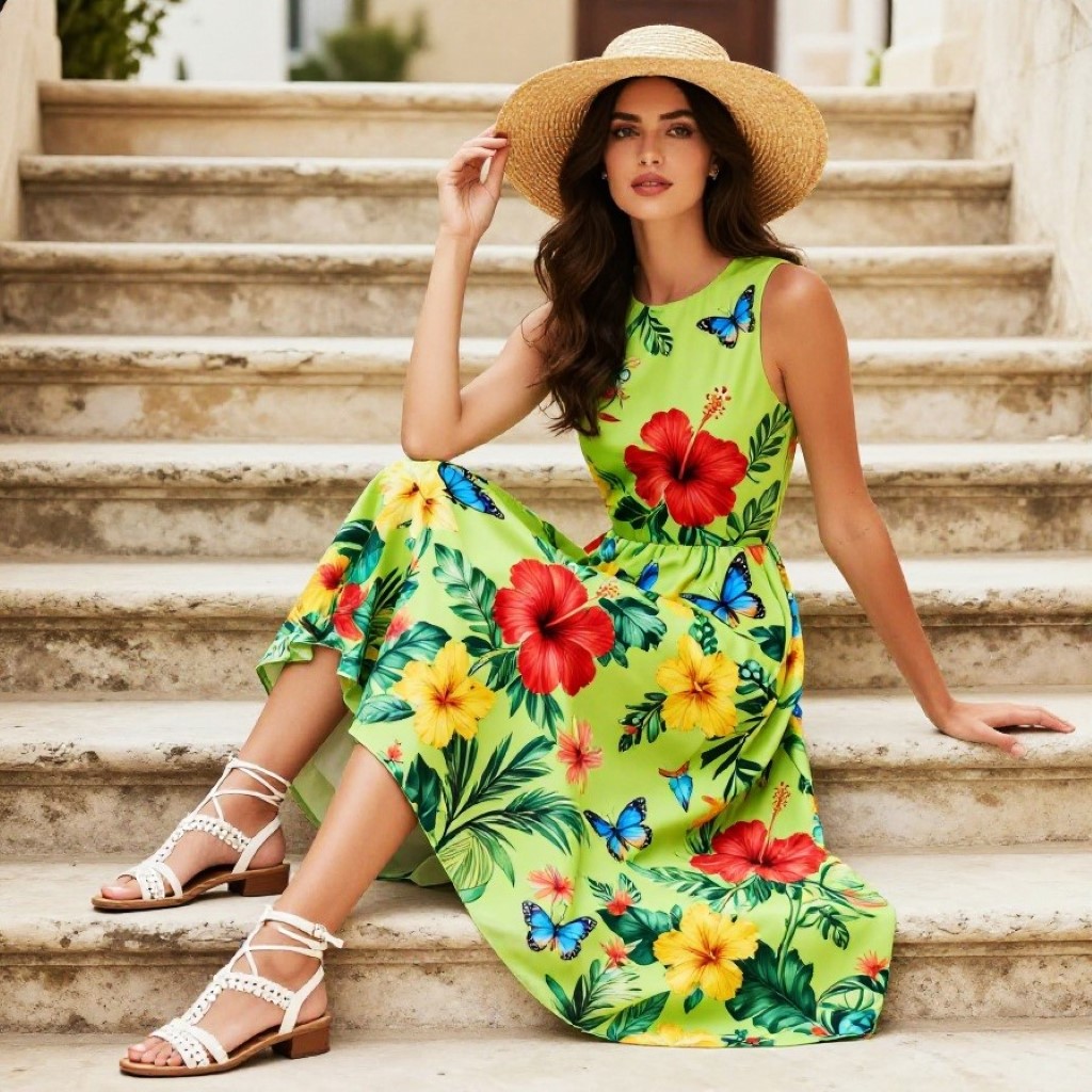Woman in yellow tropical floral dress and straw hat sitting on stone steps