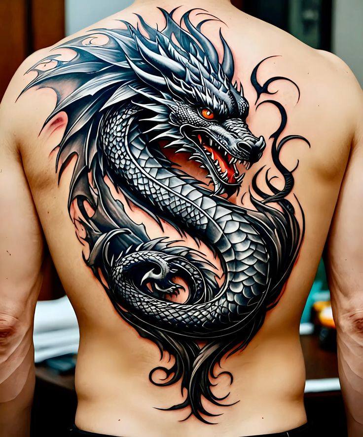 Large ornate dragon tattoo covering person's back with detailed scales and swirling patterns