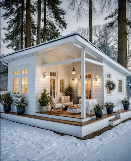 White cottage with glowing windows and porch in snowy forest setting