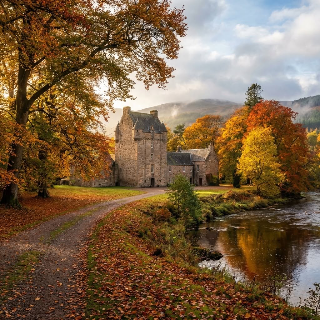 Stone castle by a river with autumn trees, fallen leaves, and a curved path