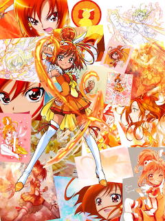 Collage of Cure Sunny from Smile PreCure anime in orange outfit with multiple poses and fiery effects