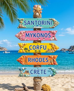 Wooden sign post with colorful arrows pointing to Greek islands, standing on sandy beach with palm trees and blue ocean