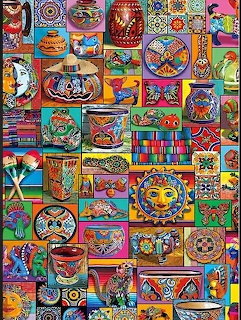 Colorful collage of painted pottery, plates, and folk art patterns arranged in bright square panels