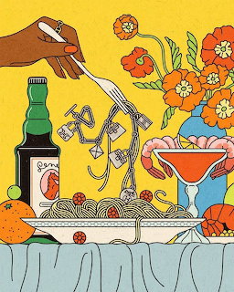 Colorful illustration of spaghetti dinner with hand holding fork, sauce bottle, shrimp cocktail, and flower vase