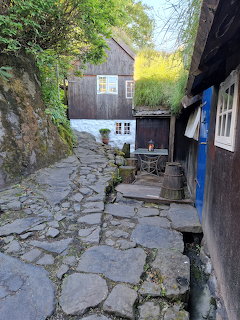 Coblestone path between traditional dark wooden houses with grass roofs in a Faroe Islands village