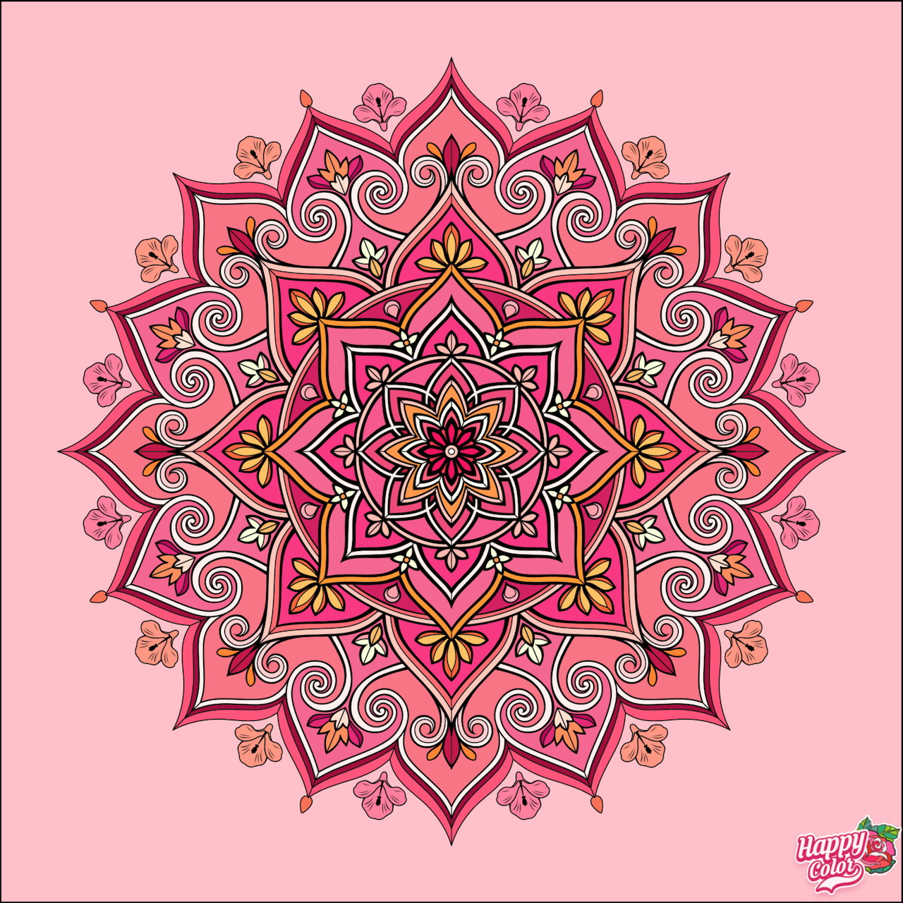 Ornate circular mandala pattern in pink, red, and yellow with detailed floral petals and decorative swirls