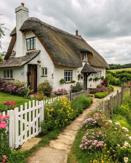 White thatched cottage with vibrant flower garden and picket fence along stone path