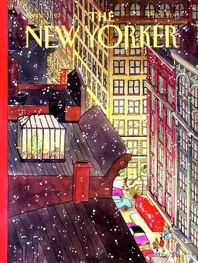 Illustrated New Yorker cover showing snow-covered city buildings at night with lit windows and holiday decorations