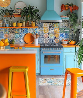 Bright kitchen with blue cabinets, orange island, colorful tile backsplash, hanging plants and yellow stools