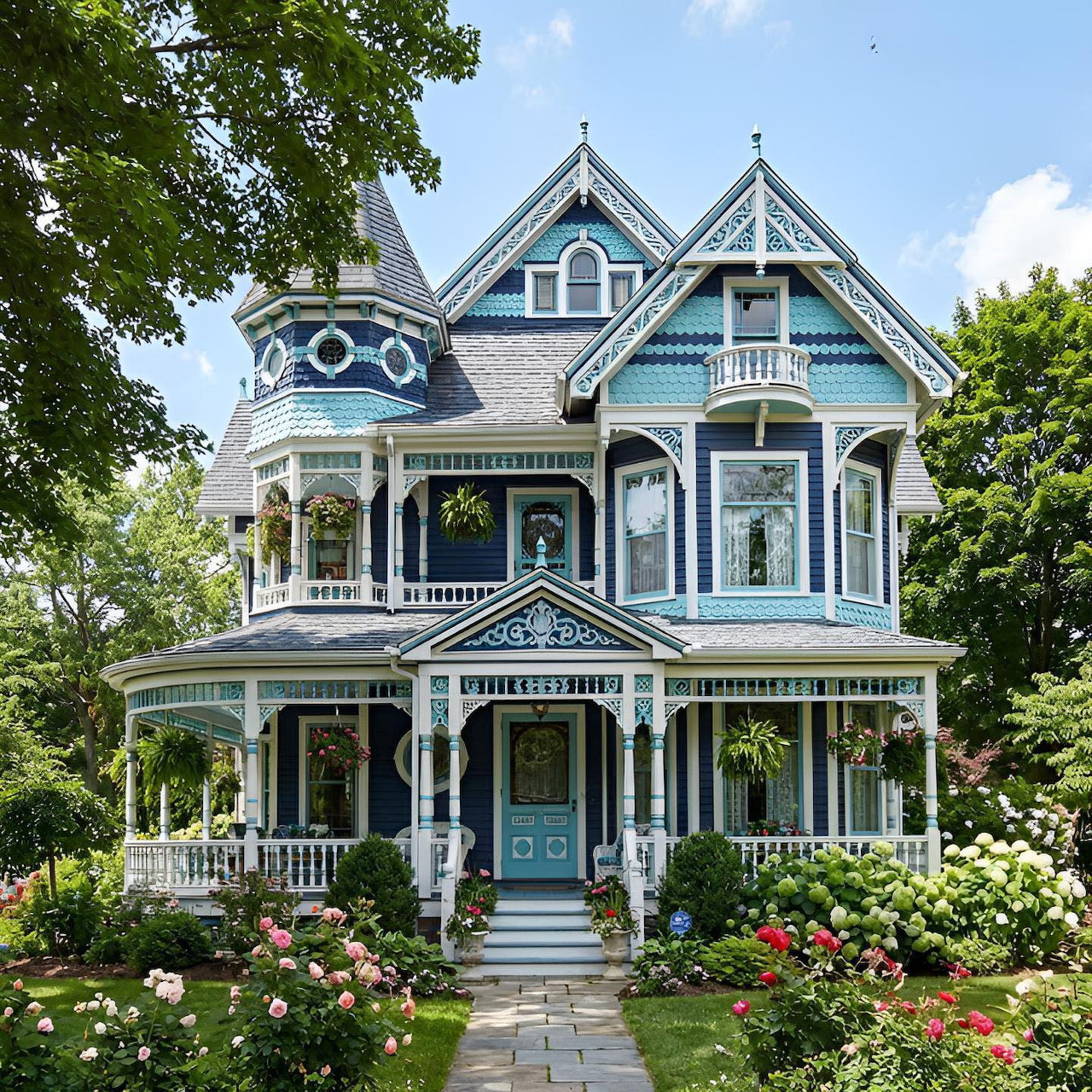 Ornate blue Victorian mansion with white trim, porches, and front garden