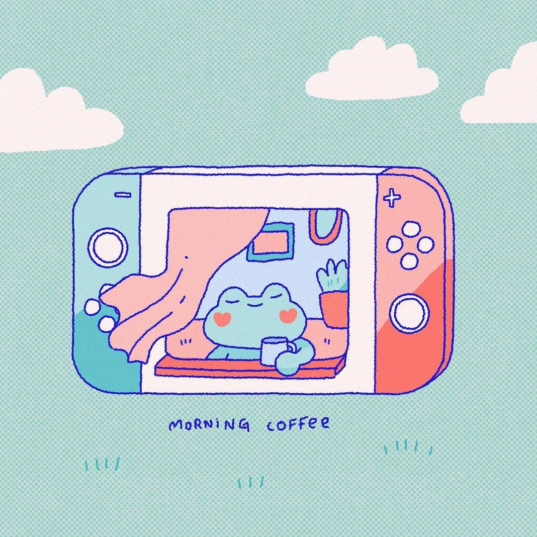 Kawaii illustration of a cute frog with coffee on a windowsill shown on a handheld game console