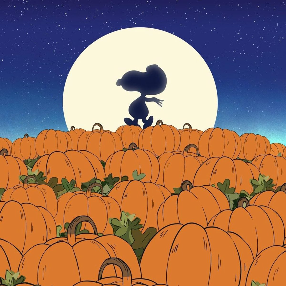 Snoopy silhouetted by a full moon while standing in a large orange pumpkin patch.