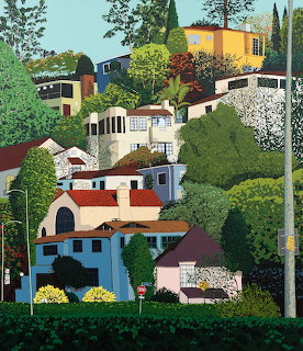 Illustration of colorful houses on a green hillside with trees and gardens in a Mediterranean style
