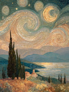 Painting of swirling starry sky over a lake with cypress trees and mountains in Van Gogh style