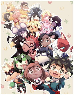 Chibi-style anime characters arranged in group portrait with pastel background and heart decorations