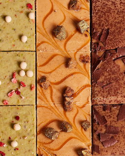 Three different cookie bar varieties arranged in vertical strips showing their textures and toppings