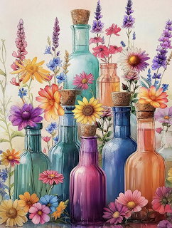 Colorful glass bottles of various shapes surrounded by bright flowers including daisies and lavender