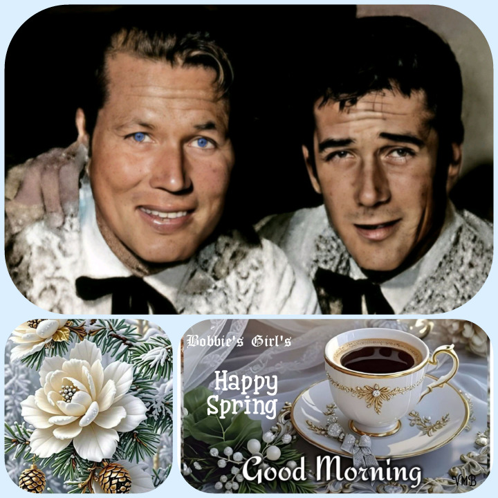 Collage with two men, a white flower, and a teacup beside spring greeting text
