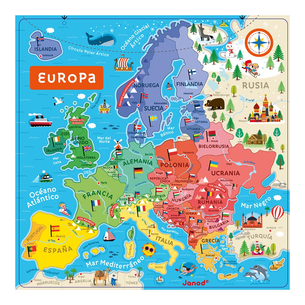 Colorful illustrated map of Europe with country names, landmarks, animals, and surrounding seas