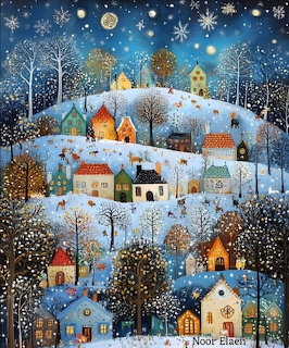 Folk art winter village with illuminated houses on snowy hills under starry night sky