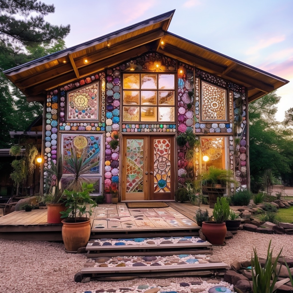 Small house exterior covered in colorful mosaic tile art and stained glass windows at twilight
