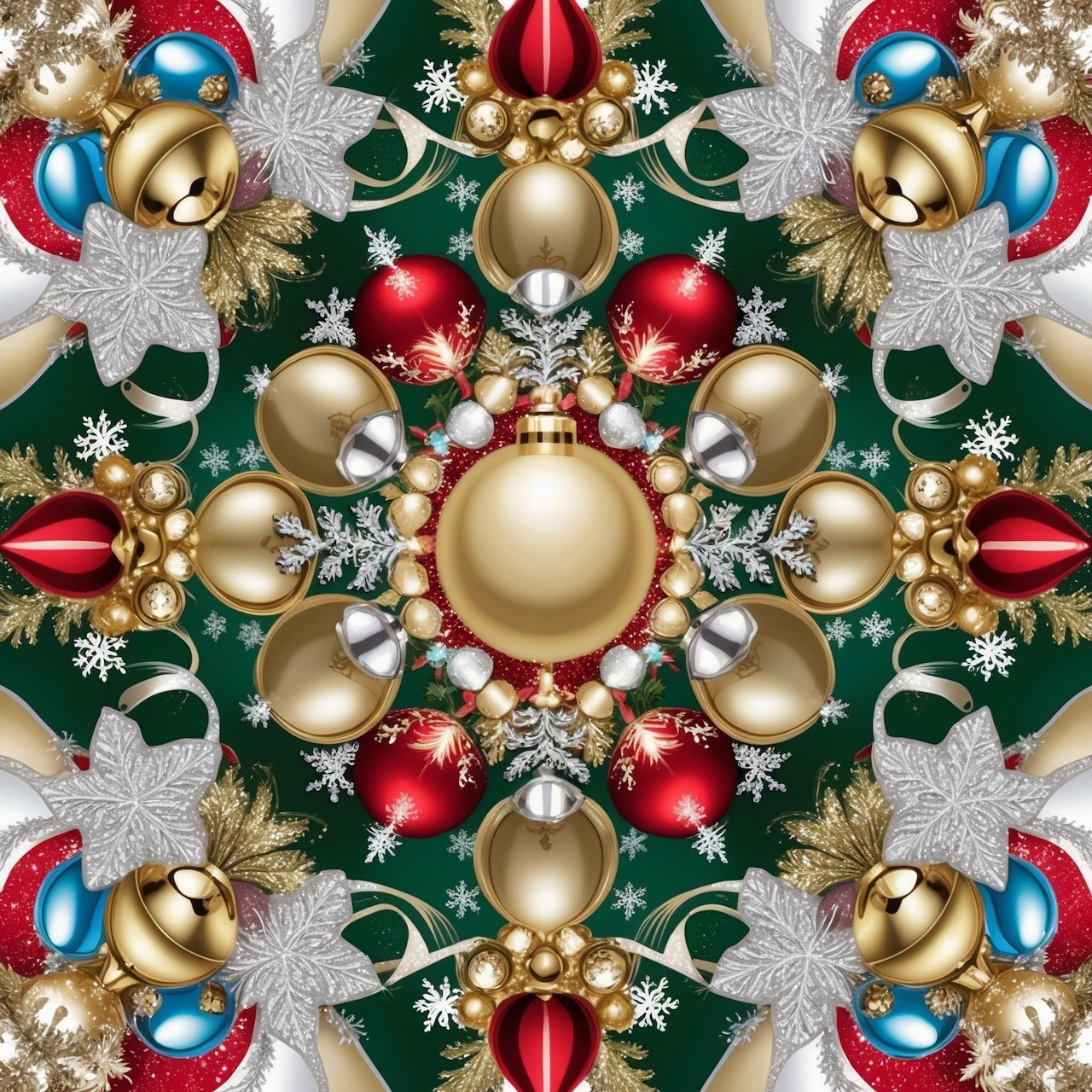 Kaleidoscope of Christmas ornaments with gold, red, and blue baubles and silver stars on green background