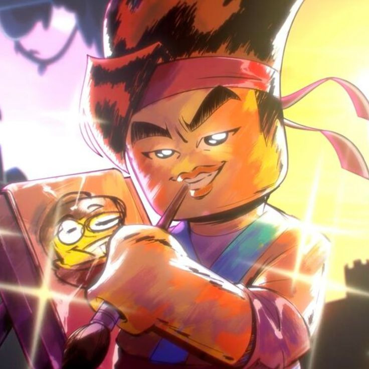 Cartoon character with a red headband painting a small glowing portrait