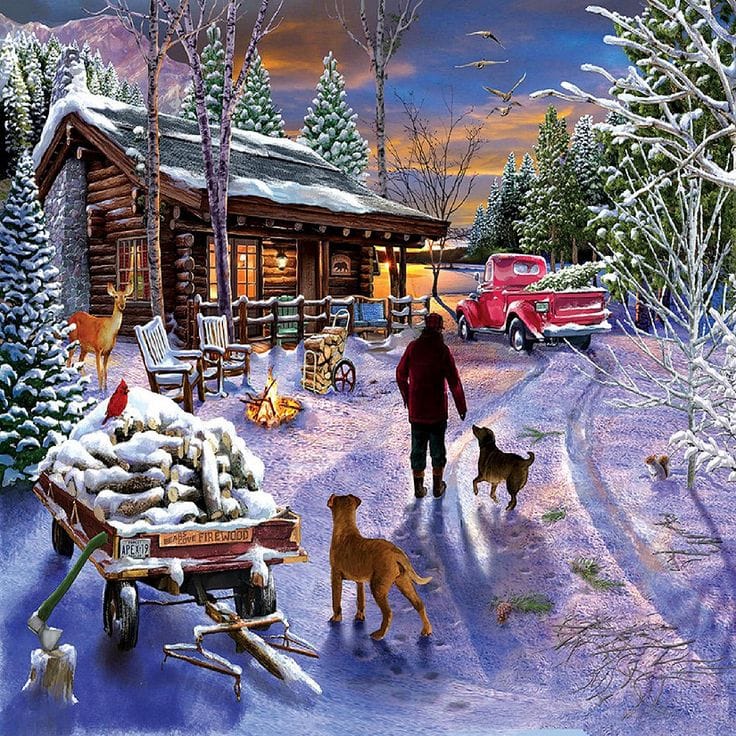 Painting of a snowy log cabin with a red truck, deer, dogs, and a campfire at sunset