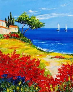 Oil painting of Mediterranean coast with red flowers, white villa, cypress trees, and sailboats on blue sea