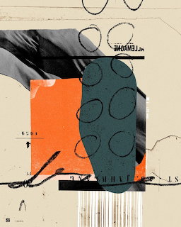 Abstract collage-style illustration with a teal grenade shape, orange geometric elements, and scattered circles