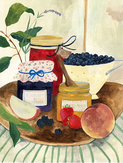 Watercolor painting of jam jars with fresh berries, peaches, and a potted plant on striped cloth