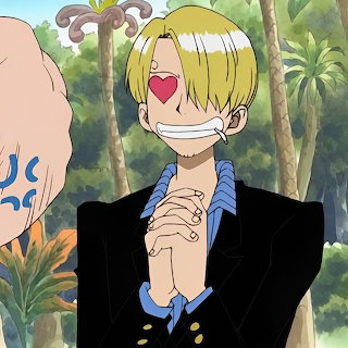 Anime portrait of Sanji grinning with clasped hands in a tropical setting
